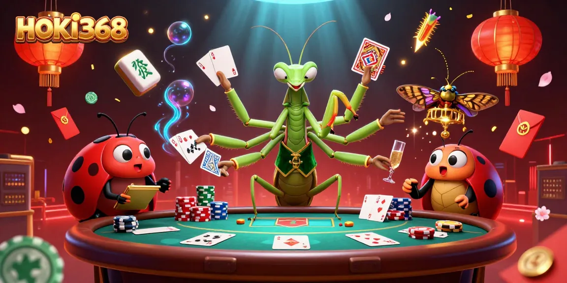 Engage with HOKI368's vibrant casino scene featuring a giant praying mantis card sharp and ladybug pit boss.
