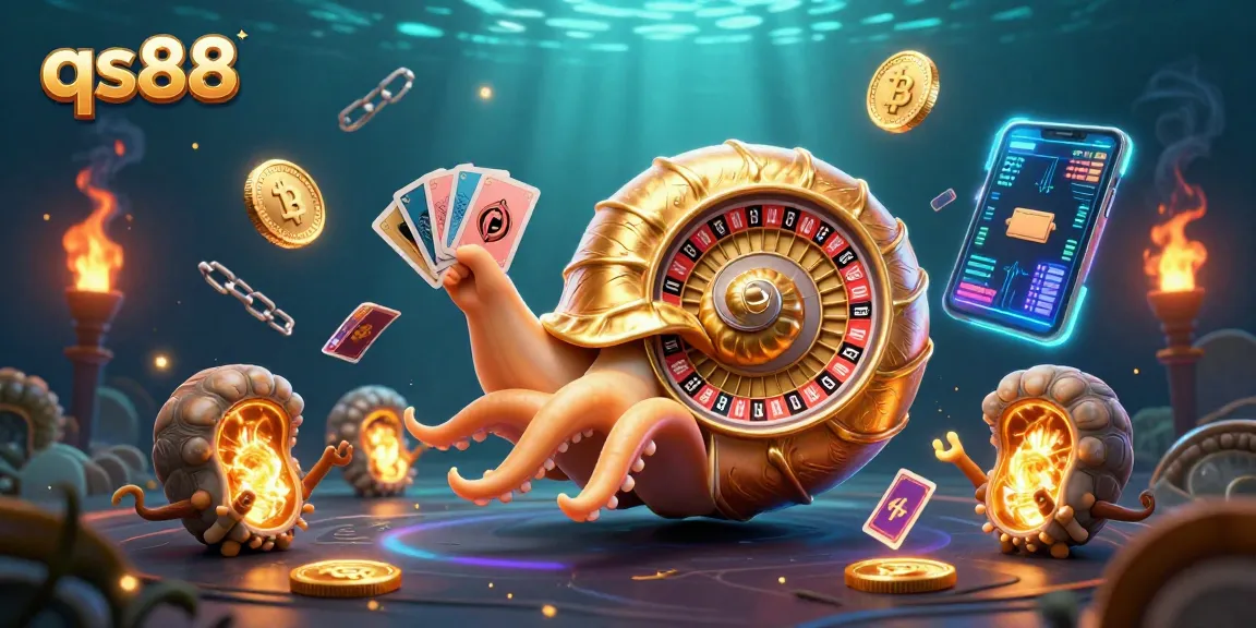 Engage with qs88's thrilling casino experience featuring a giant nautilus roulette wheel and crypto elements.