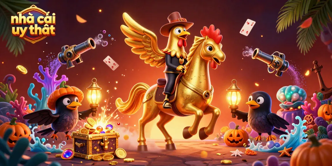 Experience the vibrant world of nhà cái uy tín with a golden rooster, spectral horse, and treasure-filled casino scene.