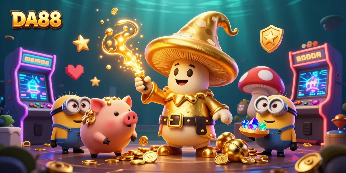 Engage with DA88, where a magical mushroom wizard transforms treasure in a vibrant casino setting.