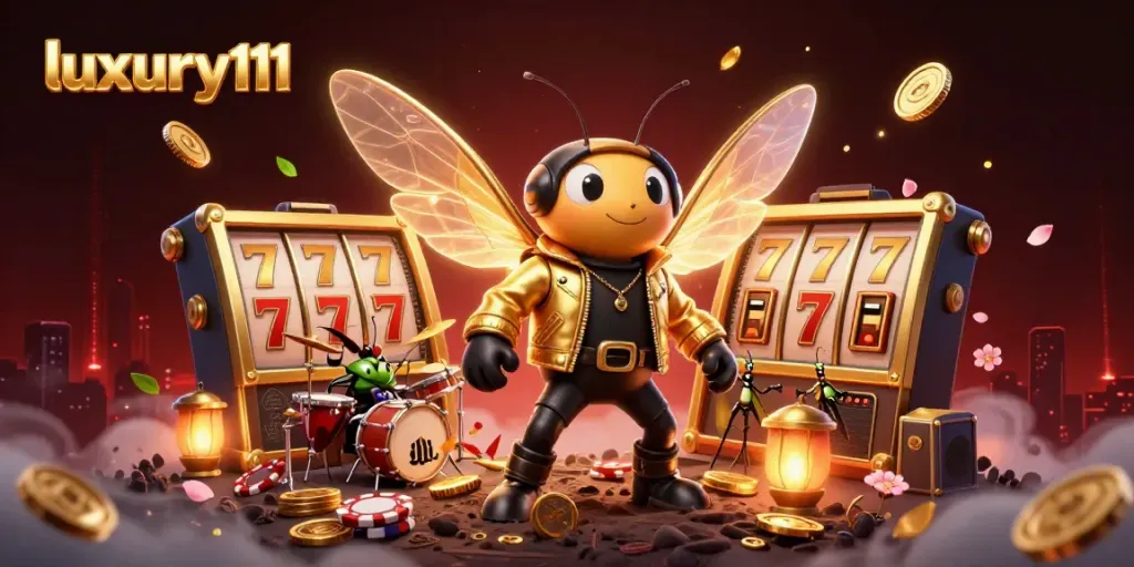Experience the thrilling gameplay of luxury111 with a vibrant 3D casino scene featuring a rock star and lucky symbols around.