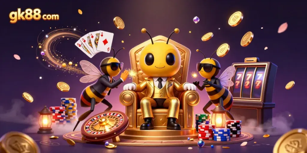 Experience thrilling gameplay at gk88 com with a vibrant 3D casino fantasy scene filled with gold coins and colorful poker chips.