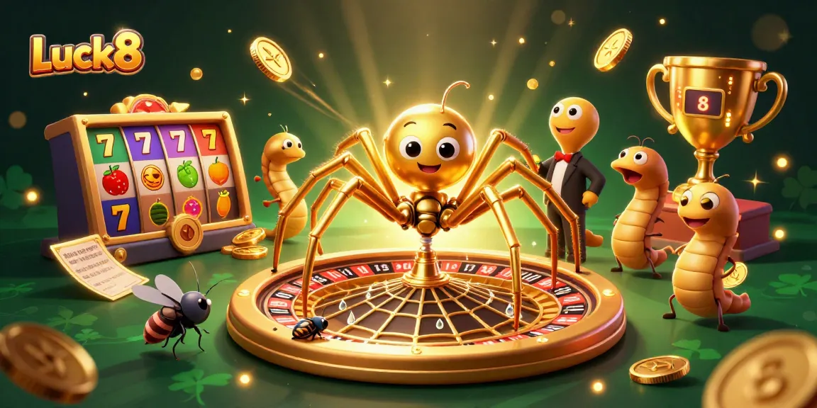 Experience thrilling action at Luck8 with a golden roulette wheel scene featuring unique characters and vibrant casino elements.
