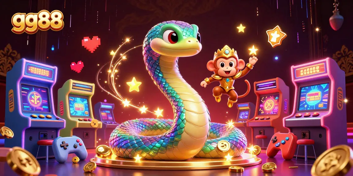 Experience the vibrant entertainment world of gg88 with a playful monkey king and a colorful serpent.