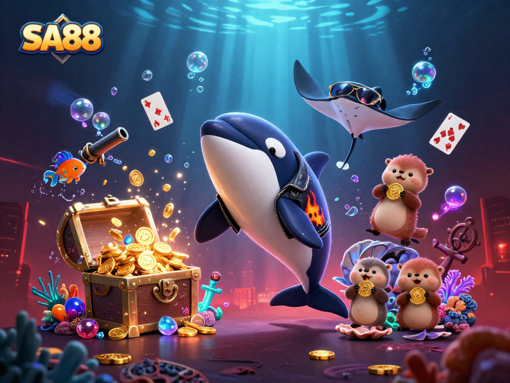 SA88 showcases thrilling underwater scenes with characters winning big amidst vibrant casino elements.