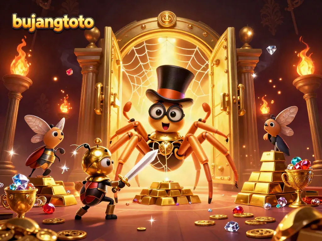 Bujangtoto showcases a golden tarantula weaving a web amid dazzling casino riches.