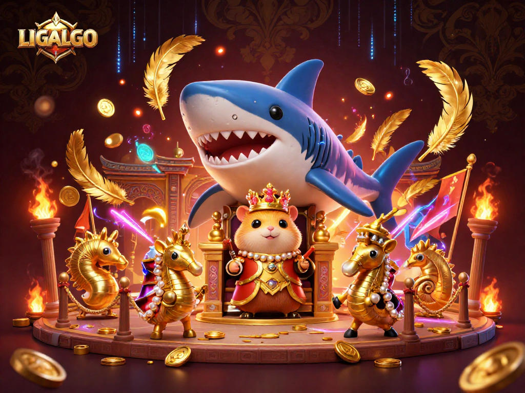 LIGALGO showcases a gaming scene featuring a golden hamster king on a shark throne among vibrant gambling elements.