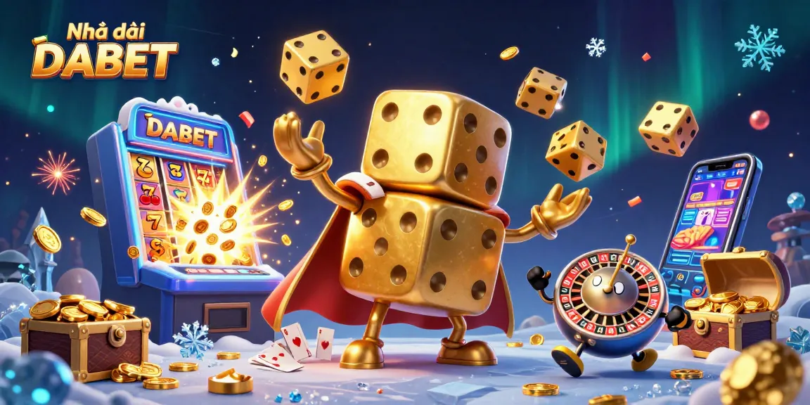 Engaging scene showcasing Nhà cái DABET with dynamic golden dice and exciting casino elements bursting with energy.