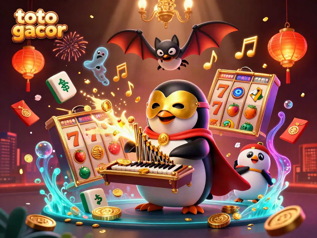 Experience exciting gameplay with the toto gacor-themed illustration featuring a penguin organist and vibrant casino elements.