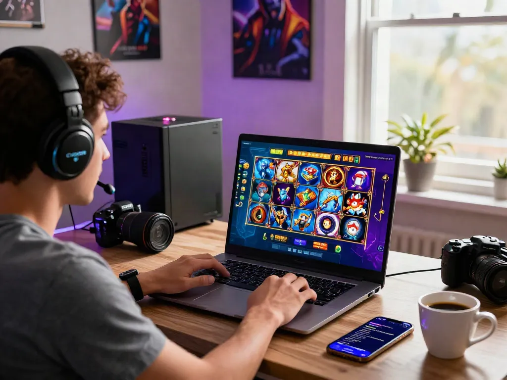 Excited gamer exploring slot gacor maxwin demo experience on a laptop in a colorful home office.