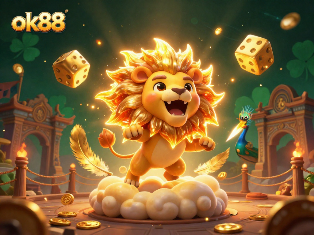 Experience thrilling gaming with ok88's golden lion and dice in a vibrant casino setting.