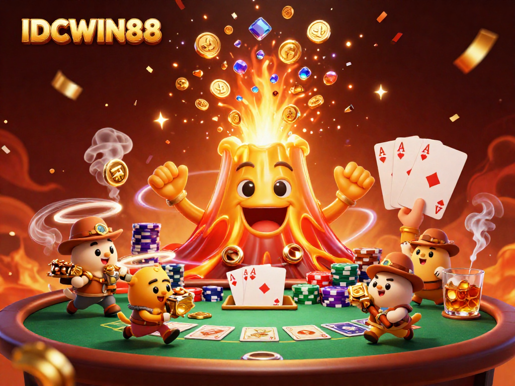Experience thrilling wins at IDCWIN88 with a vibrant casino adventure illustration featuring epic characters.