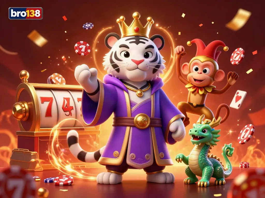 Experience thrilling wins at bro138 with a vibrant 3D casino scene featuring engaging characters and vibrant game elements.