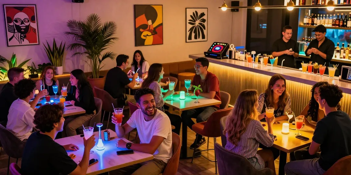 Exciting nightlife at a popular 유흥사이트, with guests enjoying drinks, vibrant decorations, and a lively DJ.