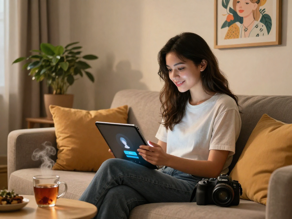 Young woman exploring her AI girlfriend app in a cozy living room environment, showcasing modern lifestyle.