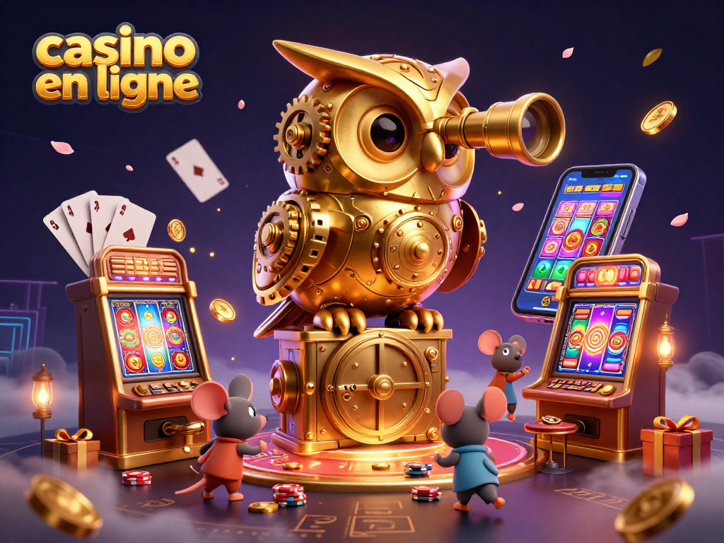 Découvrez les jeux de casino en ligne avec un hibou mécanique observant le sol rempli de machines à sous et d'éléments de jeu.