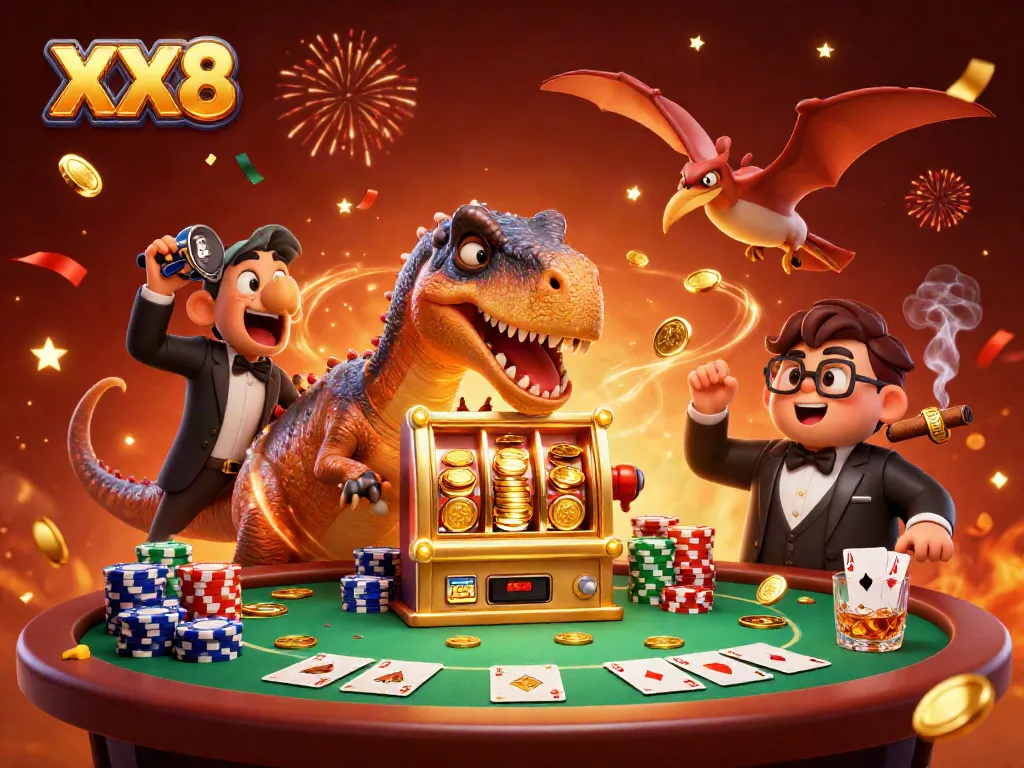 Experience a jackpot win at XX8 with a dinosaur mascot headbutting a slot machine amidst a lively casino scene.