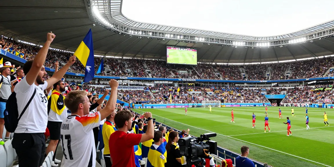 TheFappening football fans cheering for the Germany vs Curaçao match in a vibrant stadium filled with excitement.
