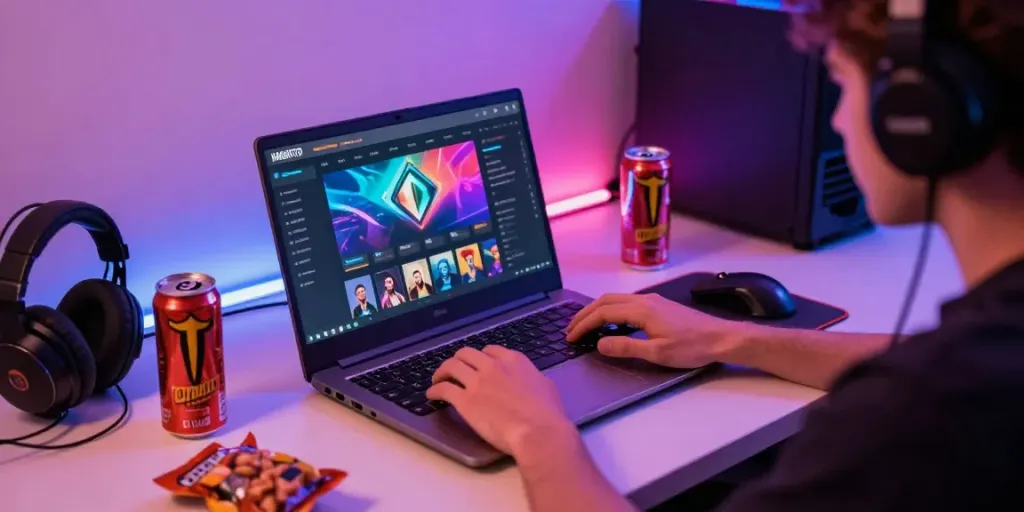 Engaged user on HARGATOTO platform with gaming accessories and vibrant LED lighting.