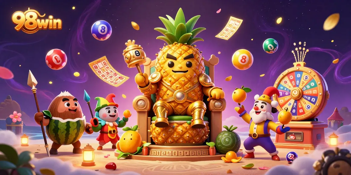 Experience the vibrant casino beach scene with the 98win golden pineapple king and dynamic gaming elements.