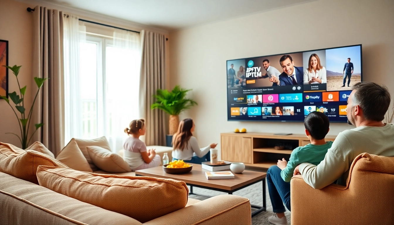 Family enjoying entertainment with iptv Canada in a cozy living room setup.