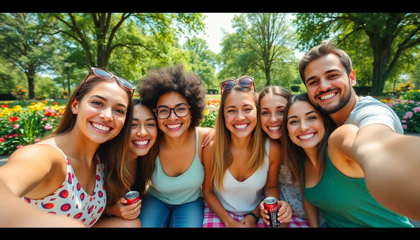 Friends taking a joyful selfie surrounded by flowers in a sunny park.