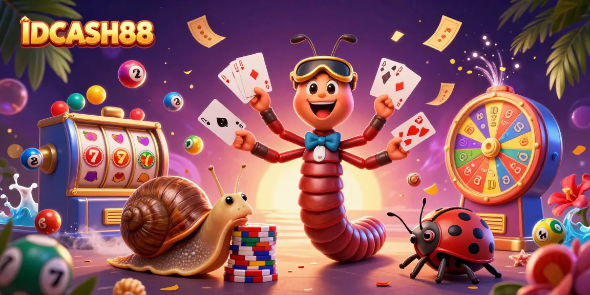 Engage with IDCASH88's vibrant casino scene featuring colorful cards, massive chip stacks, and dynamic game elements.