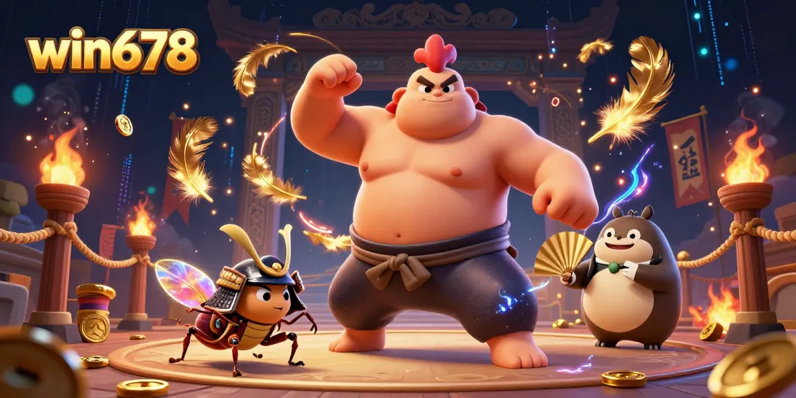 win678’s thrilling casino scene featuring a powerful sumo wrestler rooster and samurai cricket, surrounded by dynamic game elements.