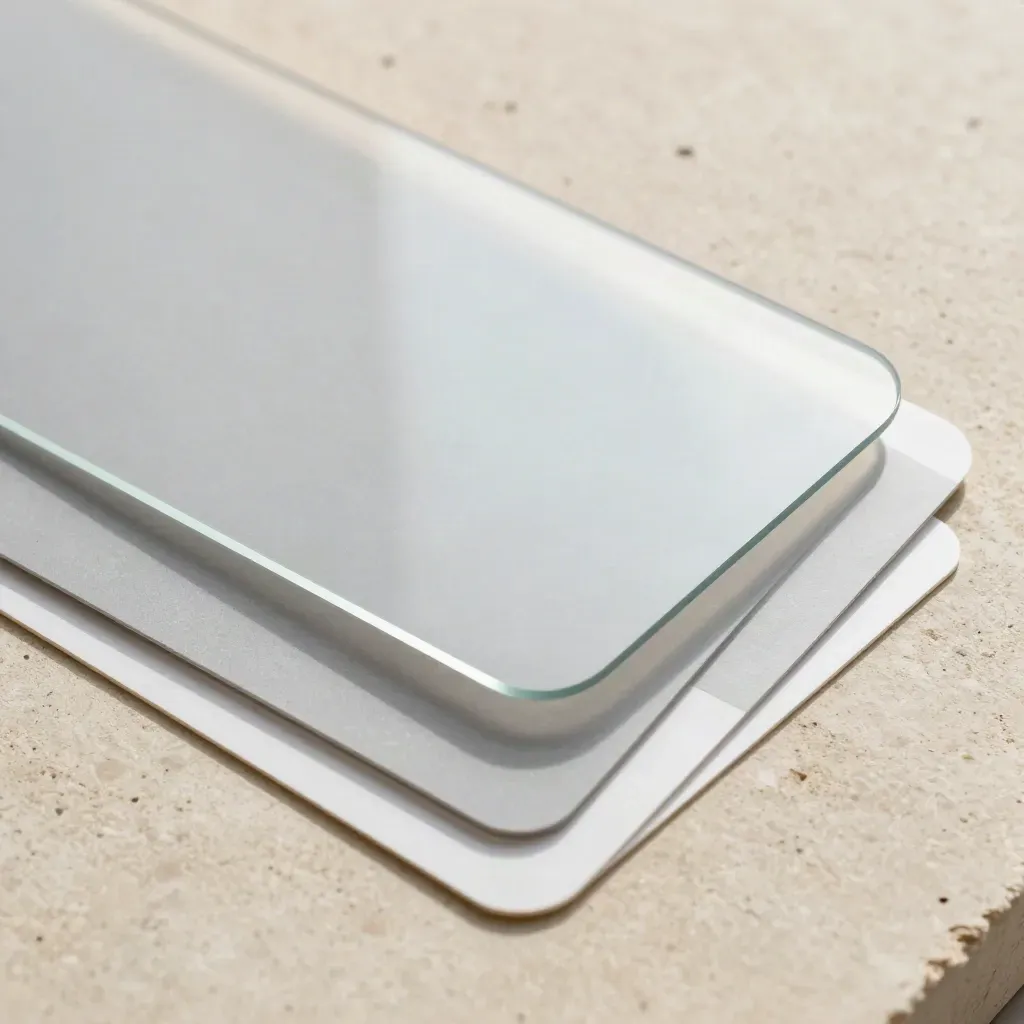 Top-down flatlay of anti-scratch lens film sheets with cards and applicator on stone