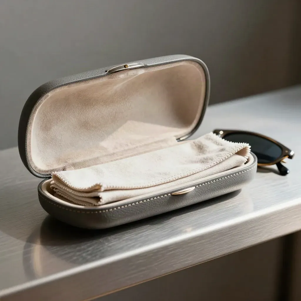 Half-open hard sunglass case with lining and cloths on a brushed pewter surface