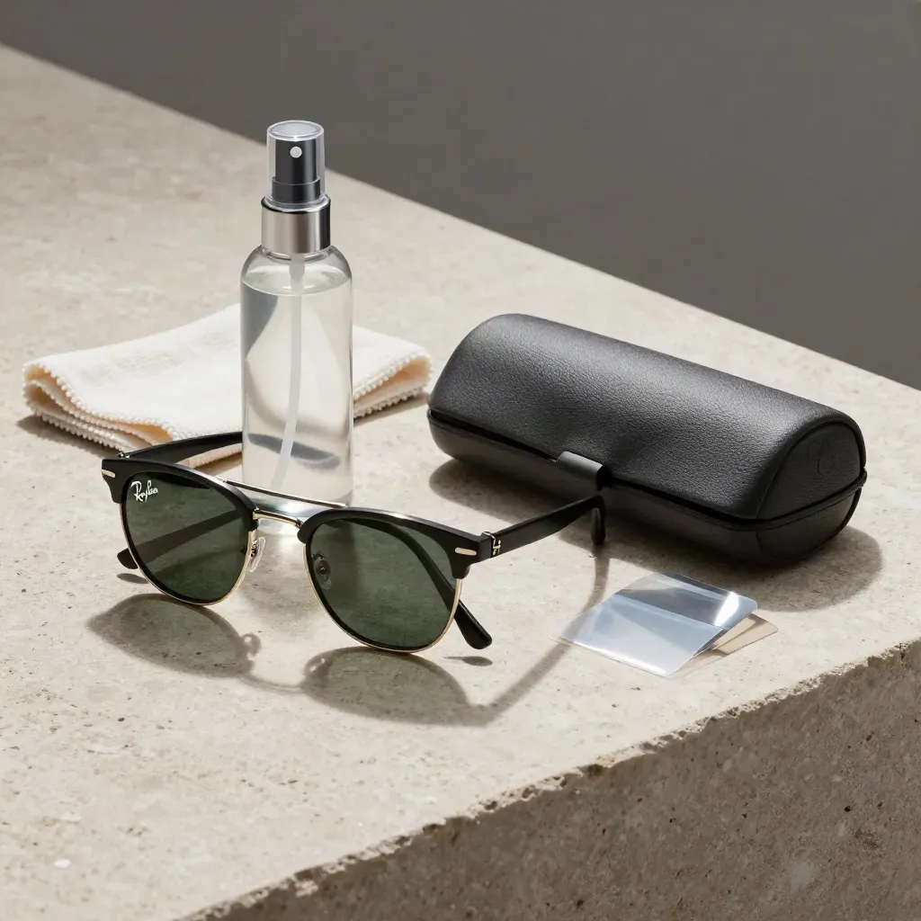 Shade care kit on pale stone with spray, cloth, case, and film sleeves in dramatic light.