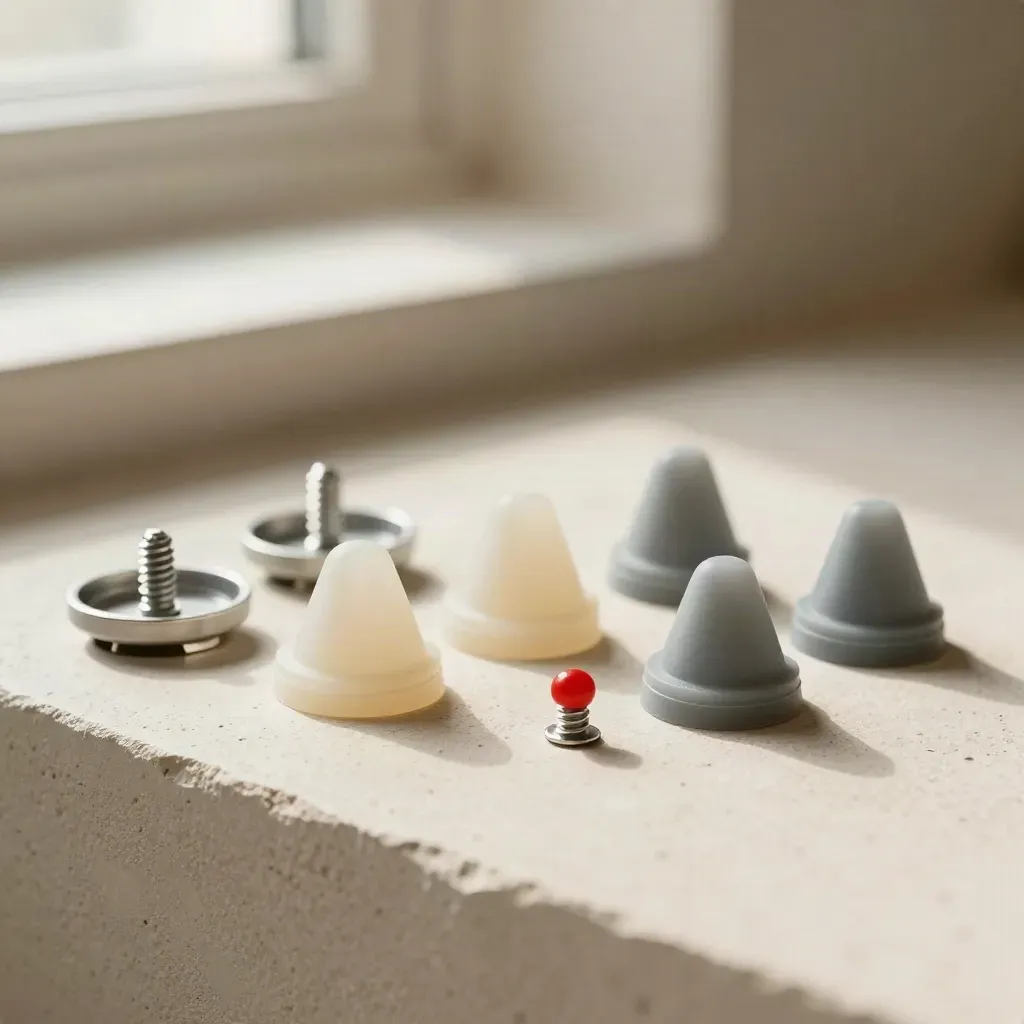 Silicone nose pads and tiny screw tray on warm plaster with soft diffused light.