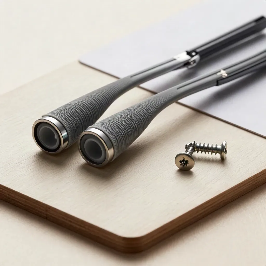 Temple grip strips, tiny screws and a split temple arm on pale wood, lit dramatically.