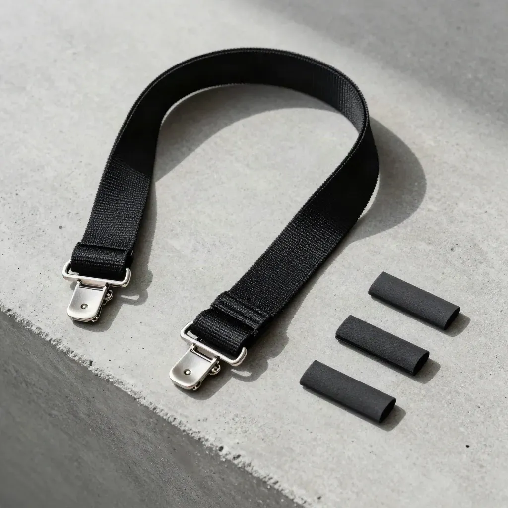 Retention strap set with temple sleeves arranged on concrete in a precise overhead flatlay.