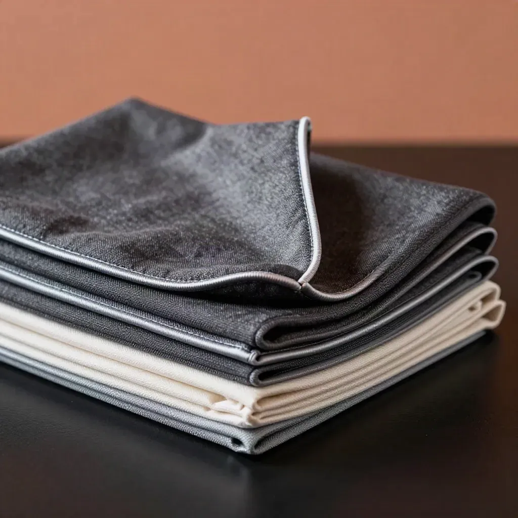 Folded microfiber cloths arcing beside a soft case corner in dramatic studio light.