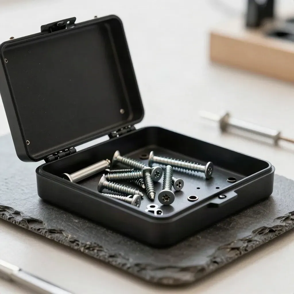 Open micro repair box with screws and hinge pins spilling on slate stone, shot in moody macro light.