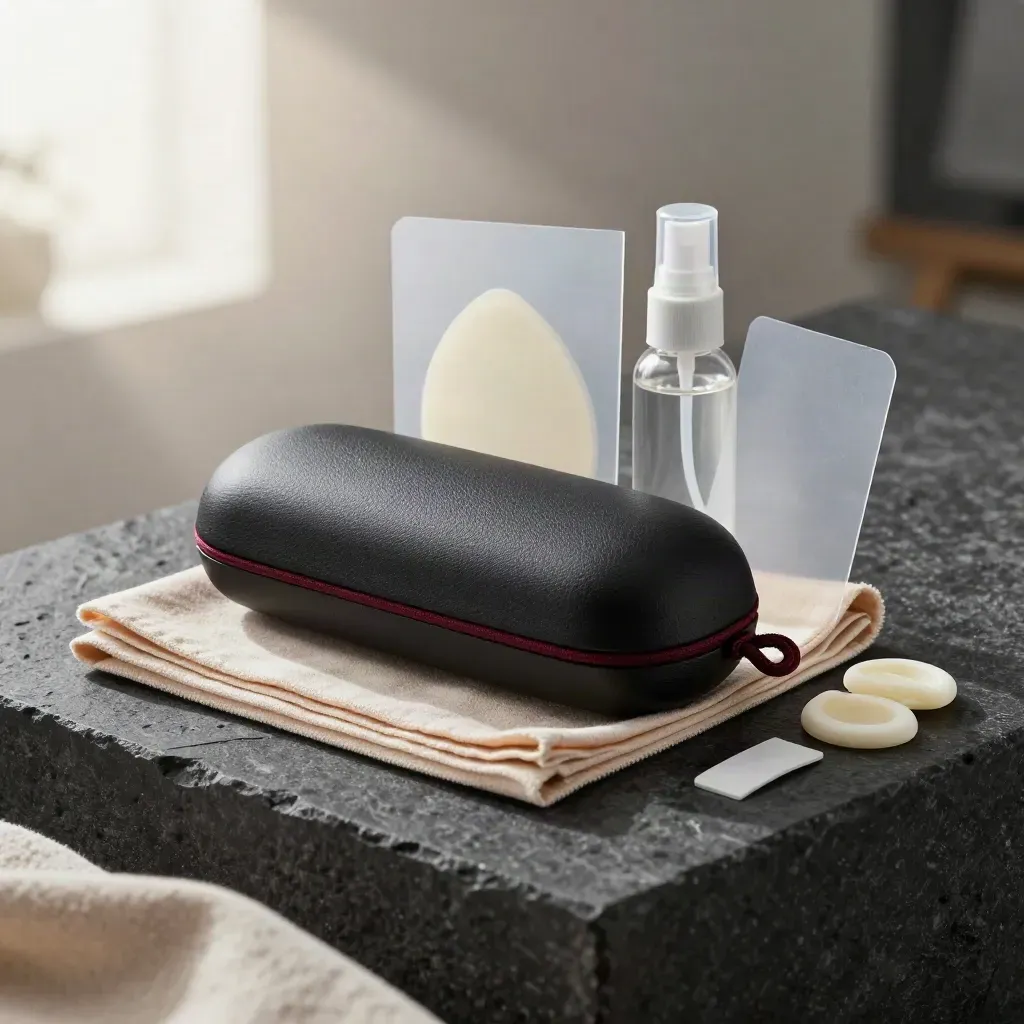 Eyewear care bundle fanned across charcoal stone with case, cloth, spray, pads, strap and film.