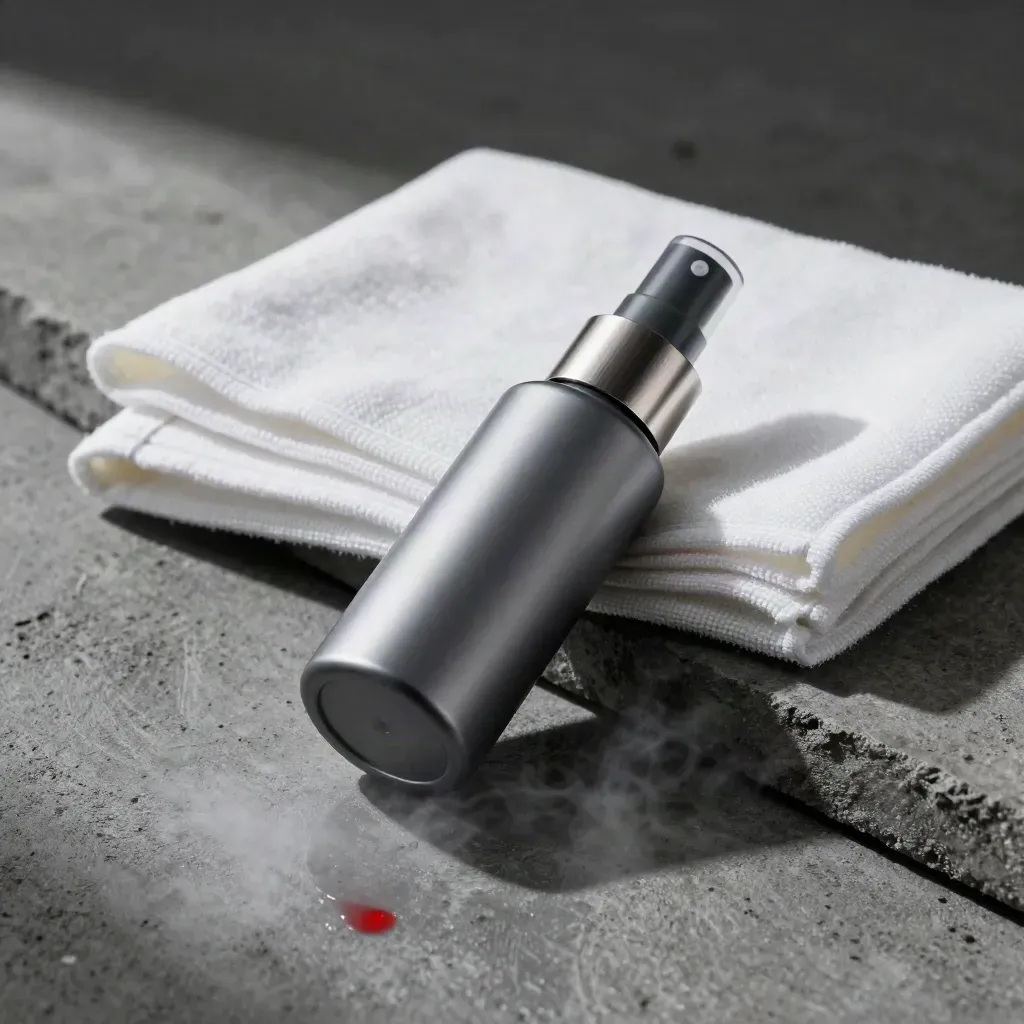 Unbranded lens spray bottle and cloth on concrete with dramatic rim light and mist