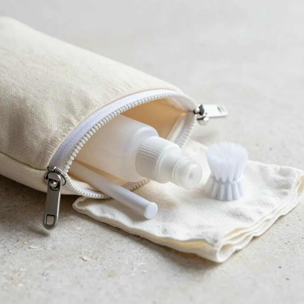 Travel cleaning kit on pale stone: pouch, spray vial, and tiny brush in cool morning light.