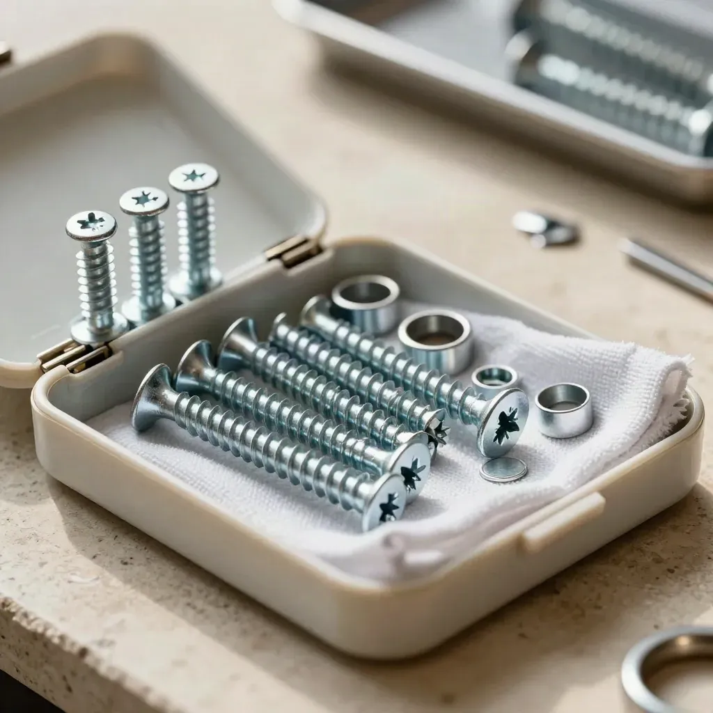 Open repair box with screws, hinge pins, metal inserts and folded cloth on stone.