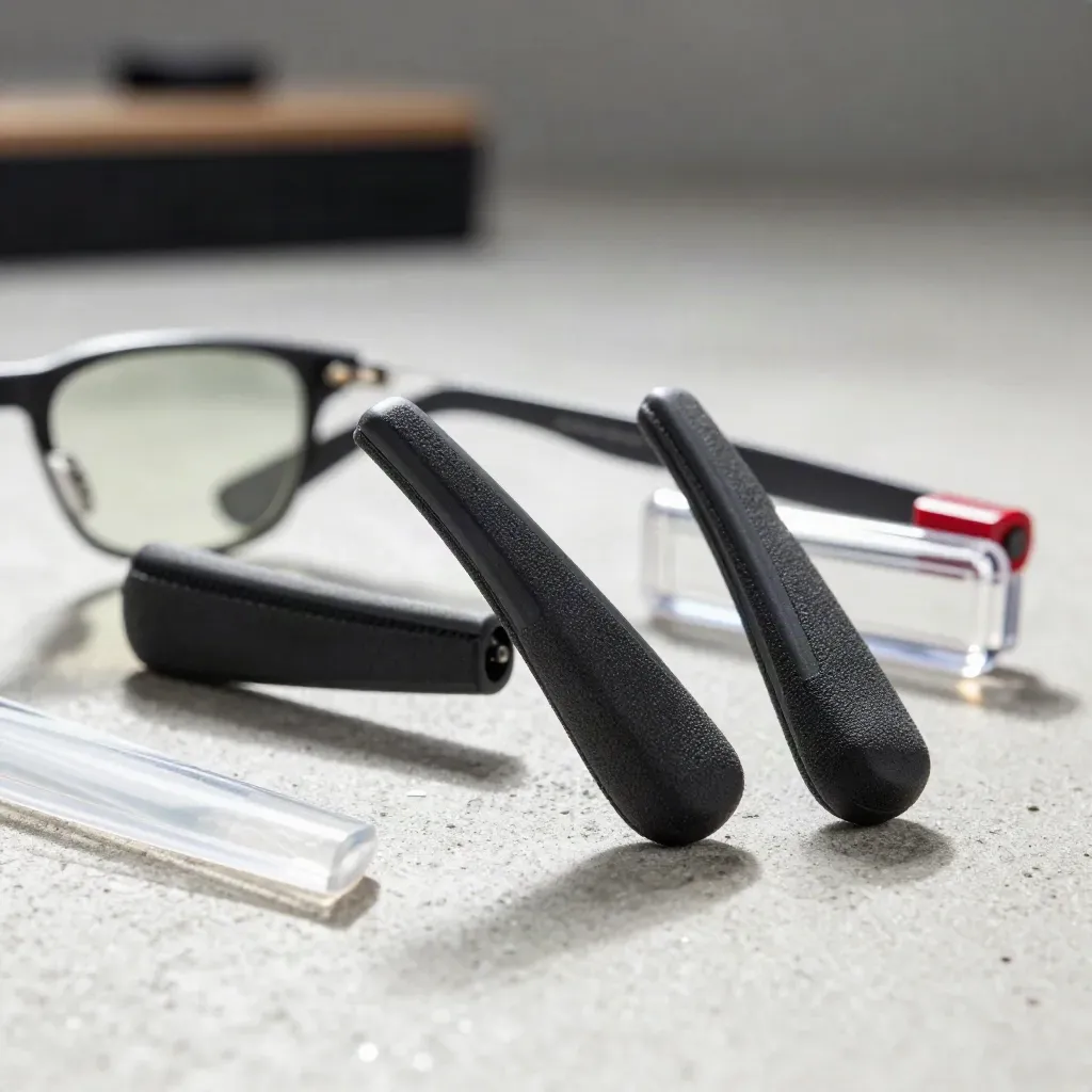 Ear grips, spare sleeves and a clear case on pale concrete with dramatic rim light and haze