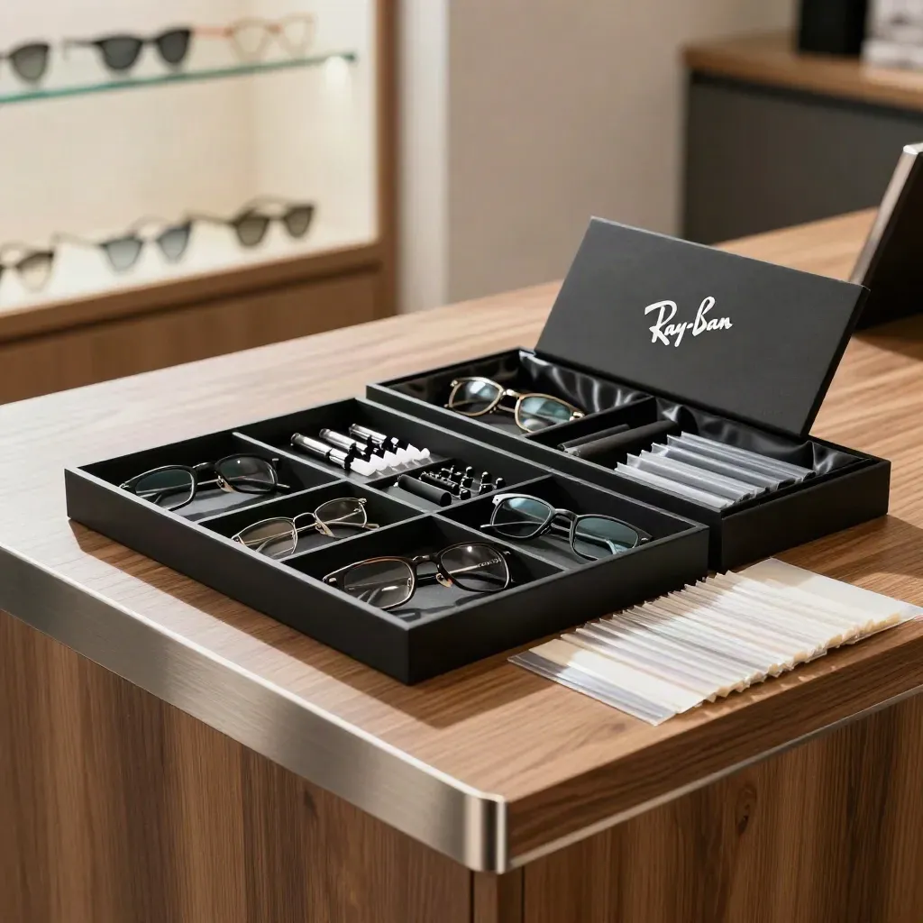 Eyewear retail counter kit with trays, display case, and sample bundles on warm wood.