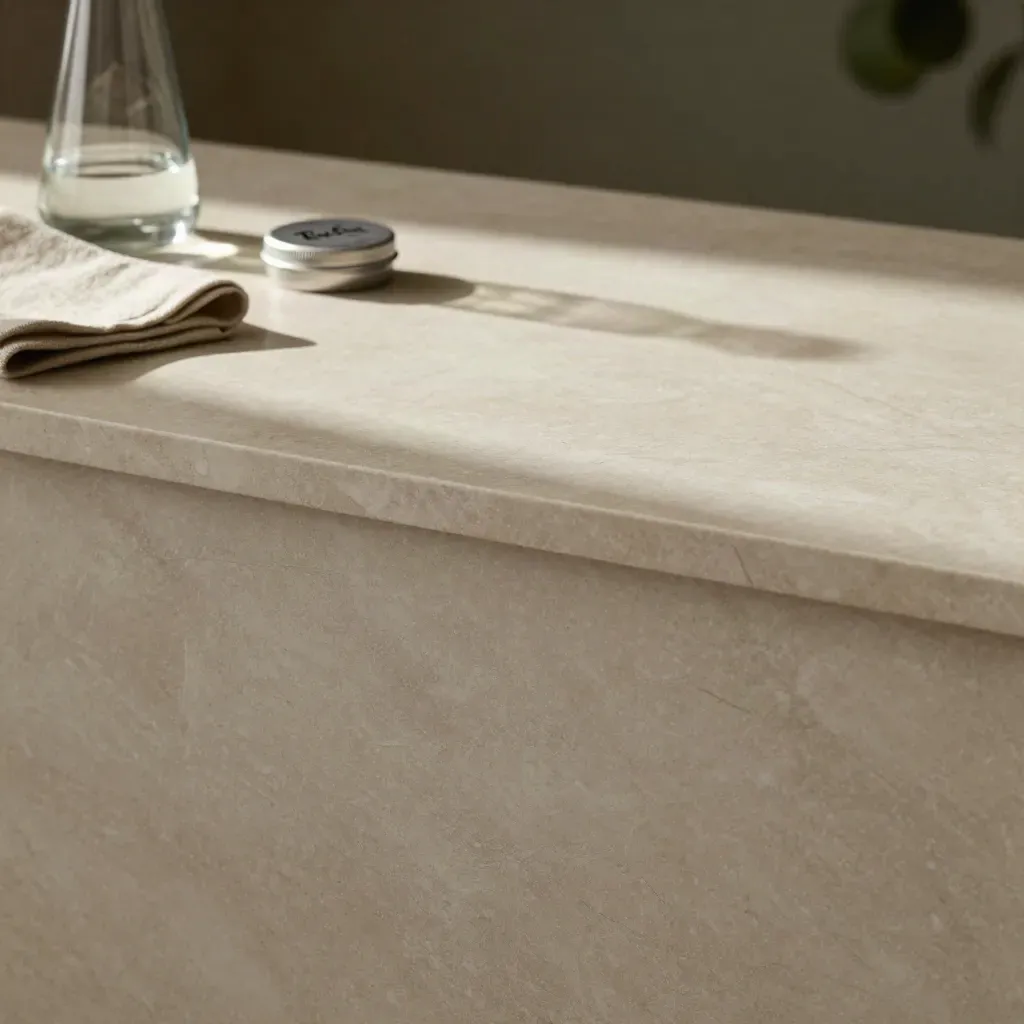 Pale marble tabletop with linen and a blurred carafe in soft afternoon light.