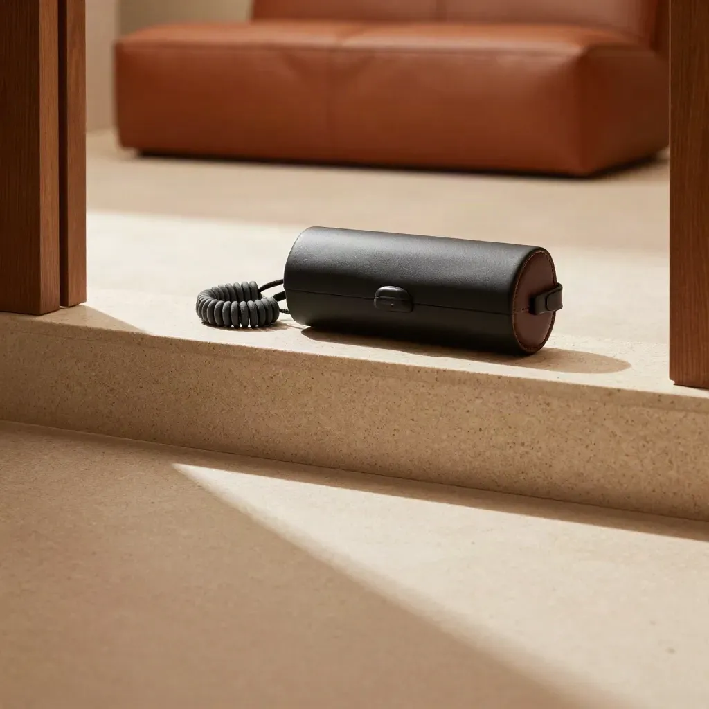 Sunlit interior ledge with leather case, strap, and ottoman in a calm architectural scene.