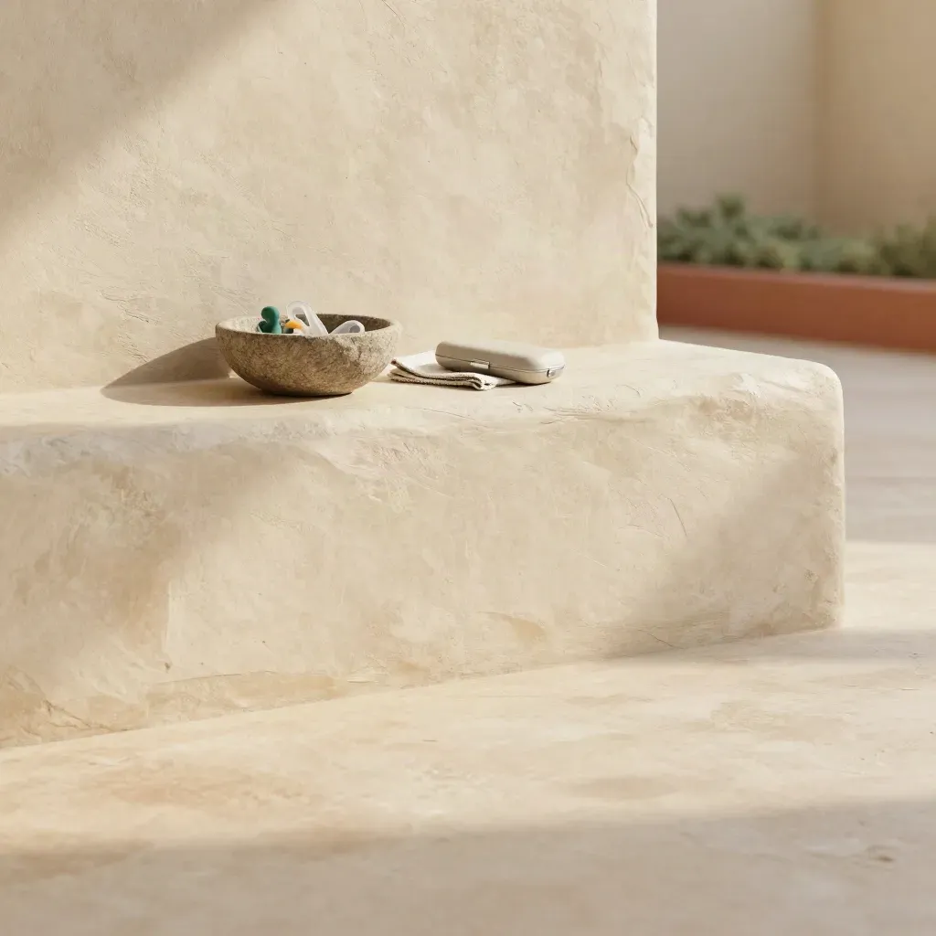Sunlit terrace wall with repair parts, stone bowl and greenery, warm haze, open copy space.