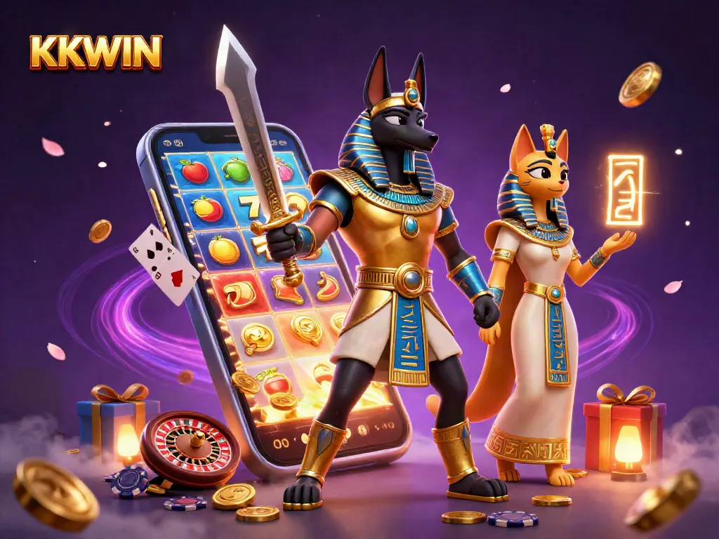 KKWIN celebrates winning with Anubis in a vibrant casino atmosphere, featuring epic gaming elements.
