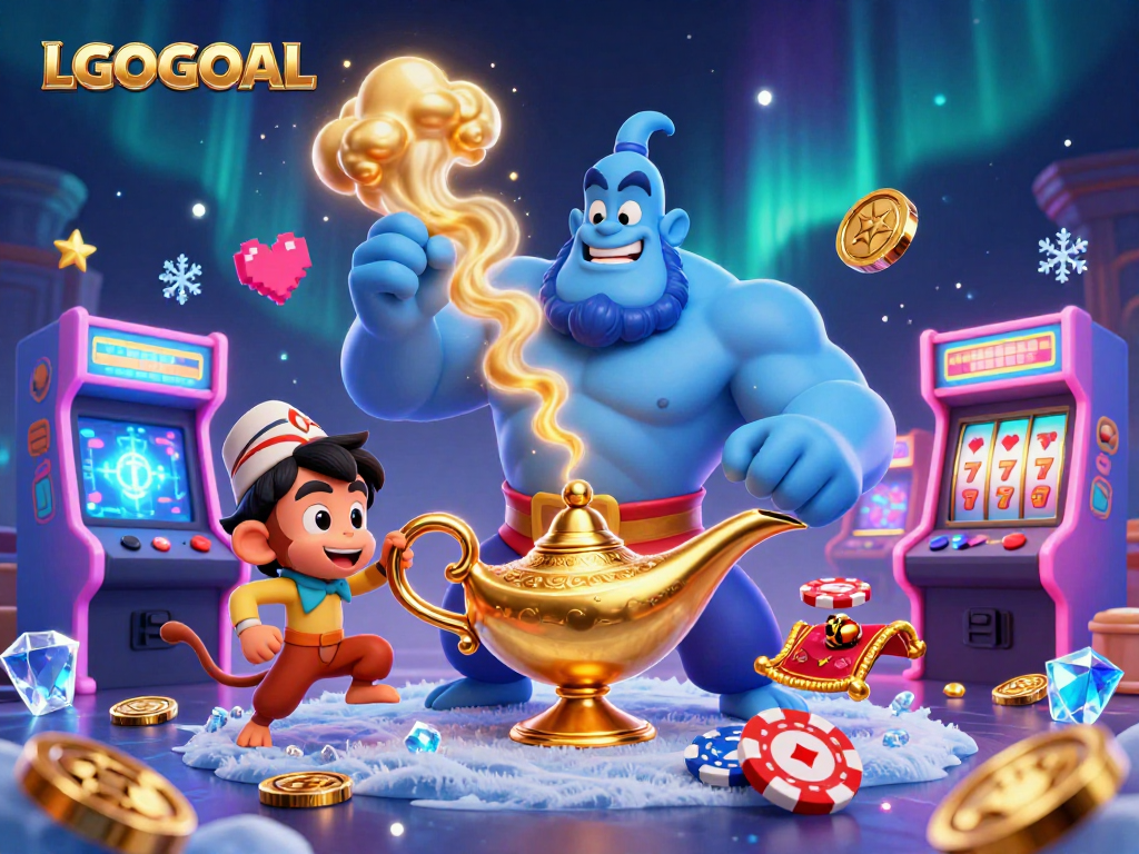Experience gaming excitement with LGOGOAL's vibrant 3D illustration featuring casino elements.