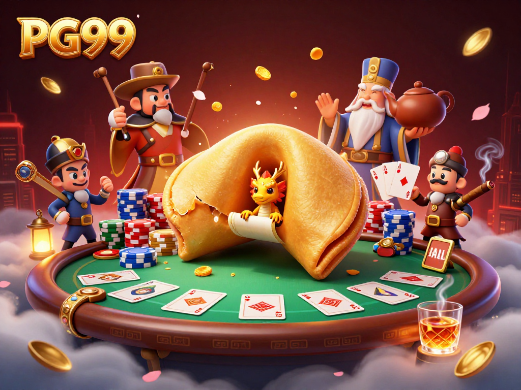 Play PG99 with a golden fortune cookie and wise dragon in a vibrant casino scene