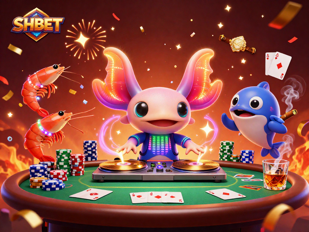 Experience excitement with SHBET's vibrant casino scene featuring colorful characters and dynamic gaming elements.