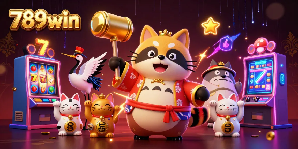 Experience the vibrant world of 789win with joyful characters amidst spinning slot machines.